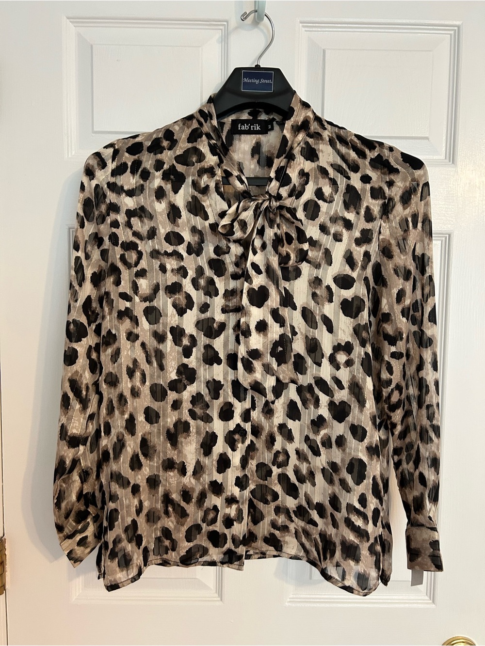 fab'rik Leopard Print Tie-Neck Blouse in Beige and Black